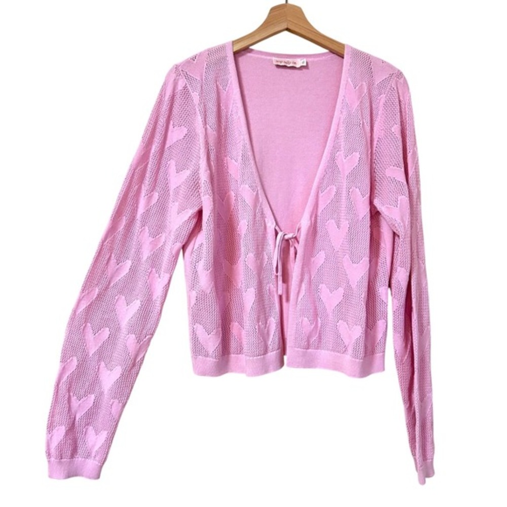 Ivy‎ City Co Size XL Sweater Pink Heart Pointelle Tie Front Cotton Knit Cardigan